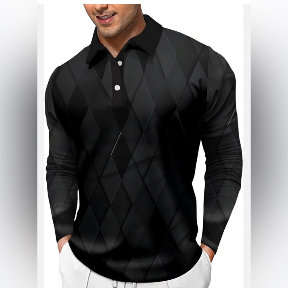 HARDADDY Men’s Big and Tall Long Sleeve Button Polo Shirt Argyle Pattern Black - Picture 1 of 6